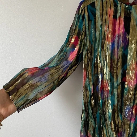 Saks 5th Avenue vintage silk metallic sheer gold blouse shoulder pads sz 4 - Picture 9 of 9